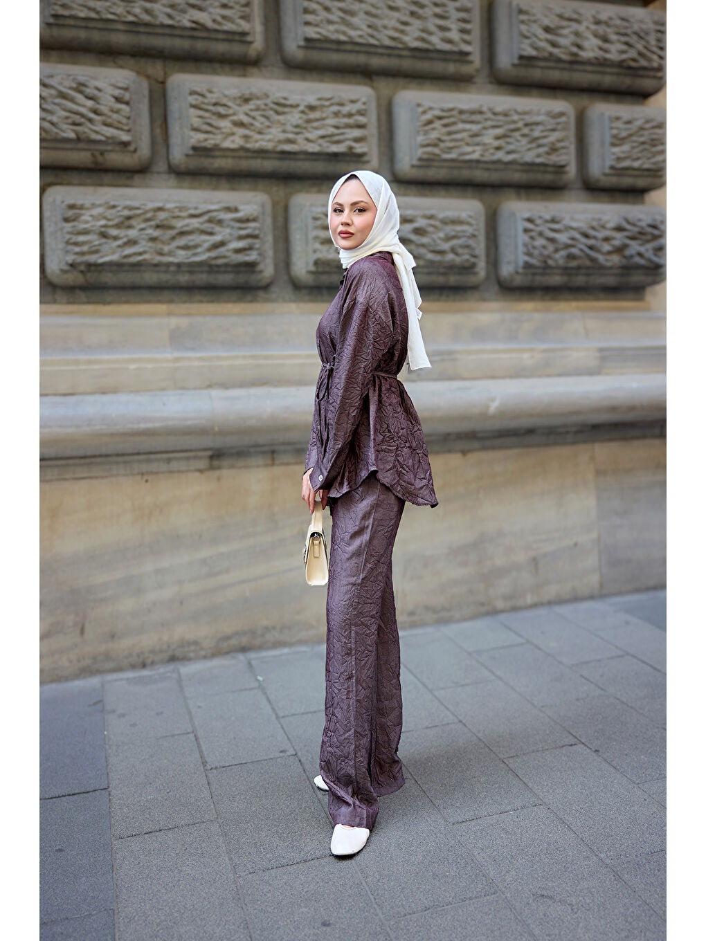 Kadın Kırışık Kumaş Takım Bordo-3