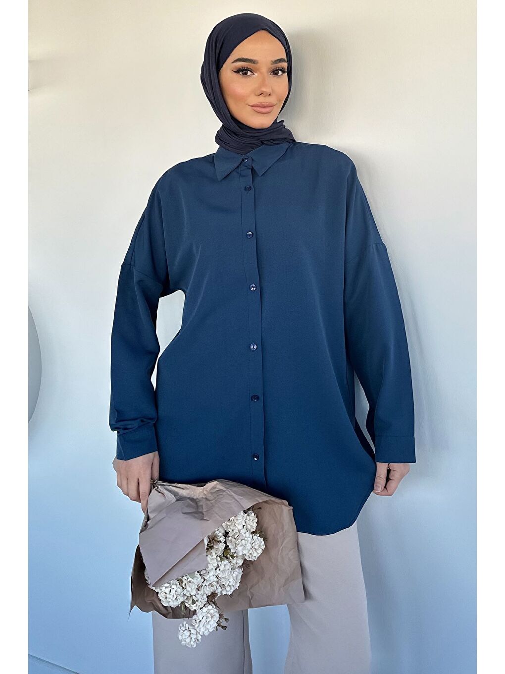 Lacivert Tesettür Klasik Gömlek