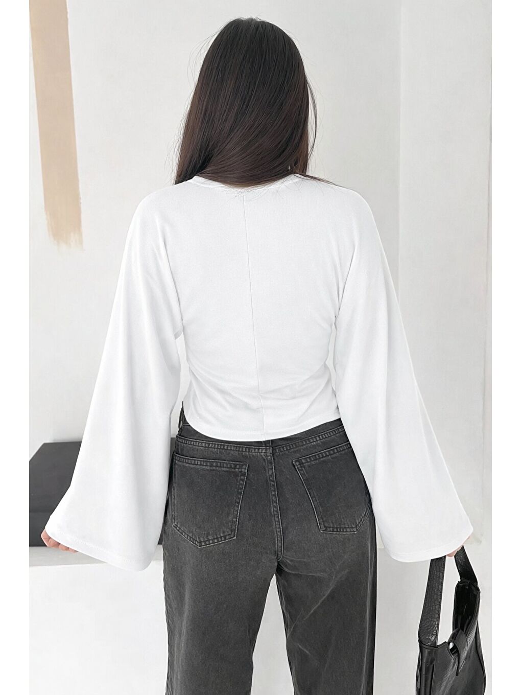 Geniş Kol Crop Bluz Beyaz-2