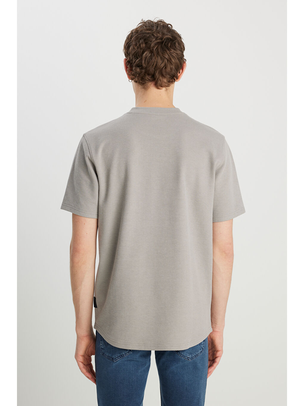 Relaxed Fit Geniş Kesim Bisiklet Yaka Gri Dokulu Basic Tişört-4