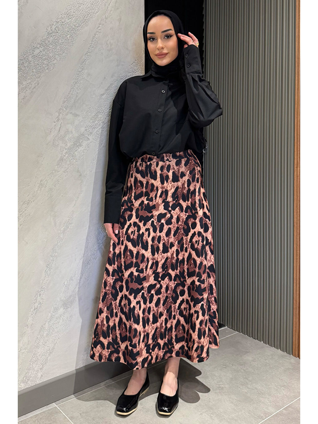 Kahverengi Leopar Desen Scuba Kiloş Tesettür Etek-2