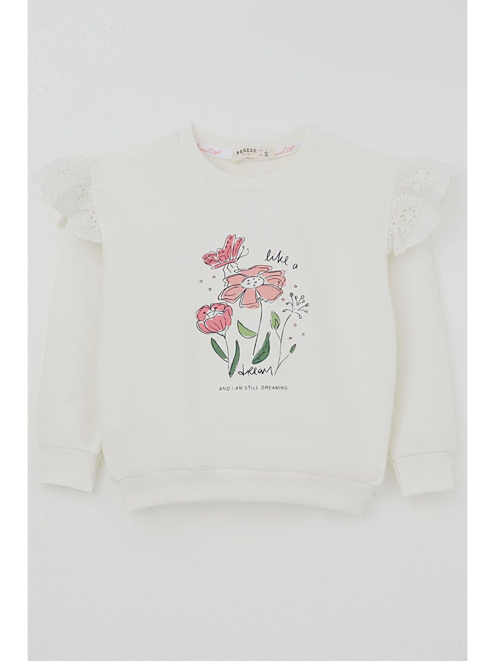 Kız Çocuk Sweatshirt Omuzları Çiçek Nakış Detaylı Çiçek Baskılı Ekru (2-6 Yaş)