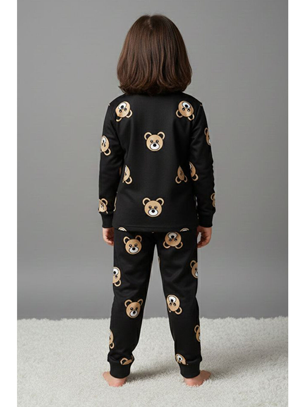 Kız Çocuk Siyah Baskılı Süet Pijama Takımı - 28129-SIYAH-1