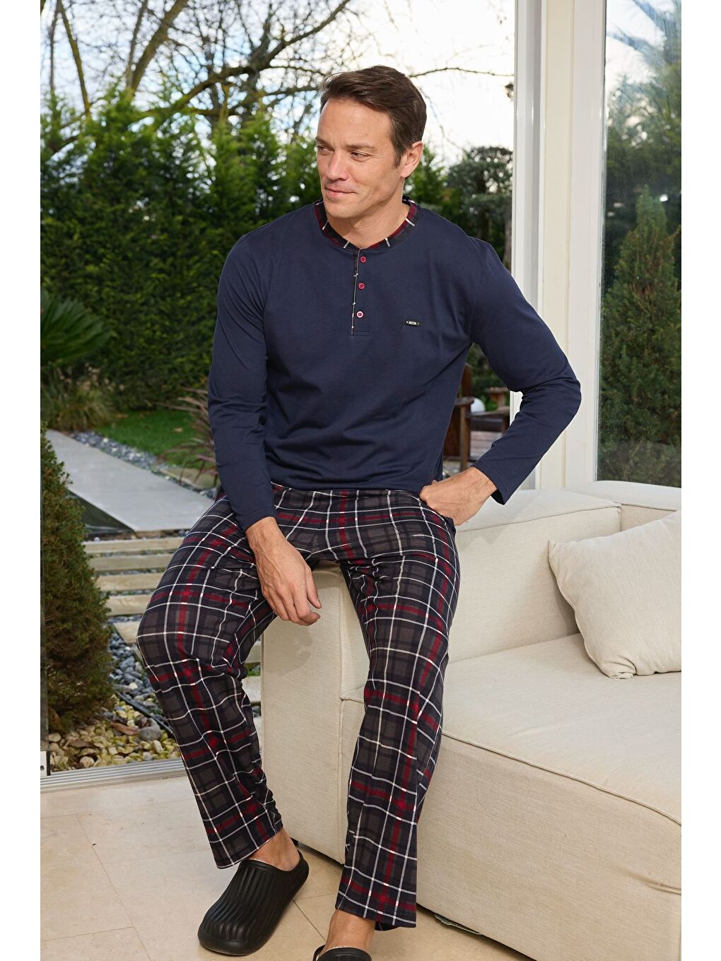 Lacivert Erkek %100 Doğal Pamuk Ekoseli Uzun Kollu Baskılı Kaliteli Pijama Takımı-1