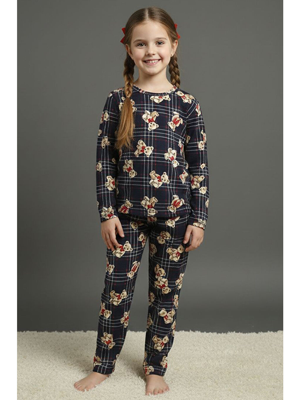 Kız Çocuk Lacivert Baskılı Süet Pijama Takımı - 28128-LACIVERT