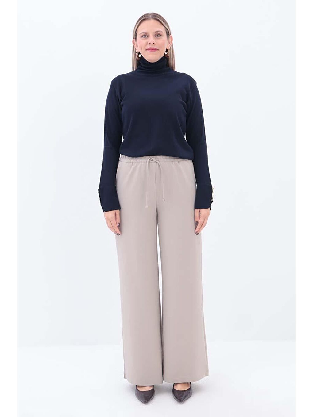 Bej-Beli Lastikli Kordonlu Pantolon-1