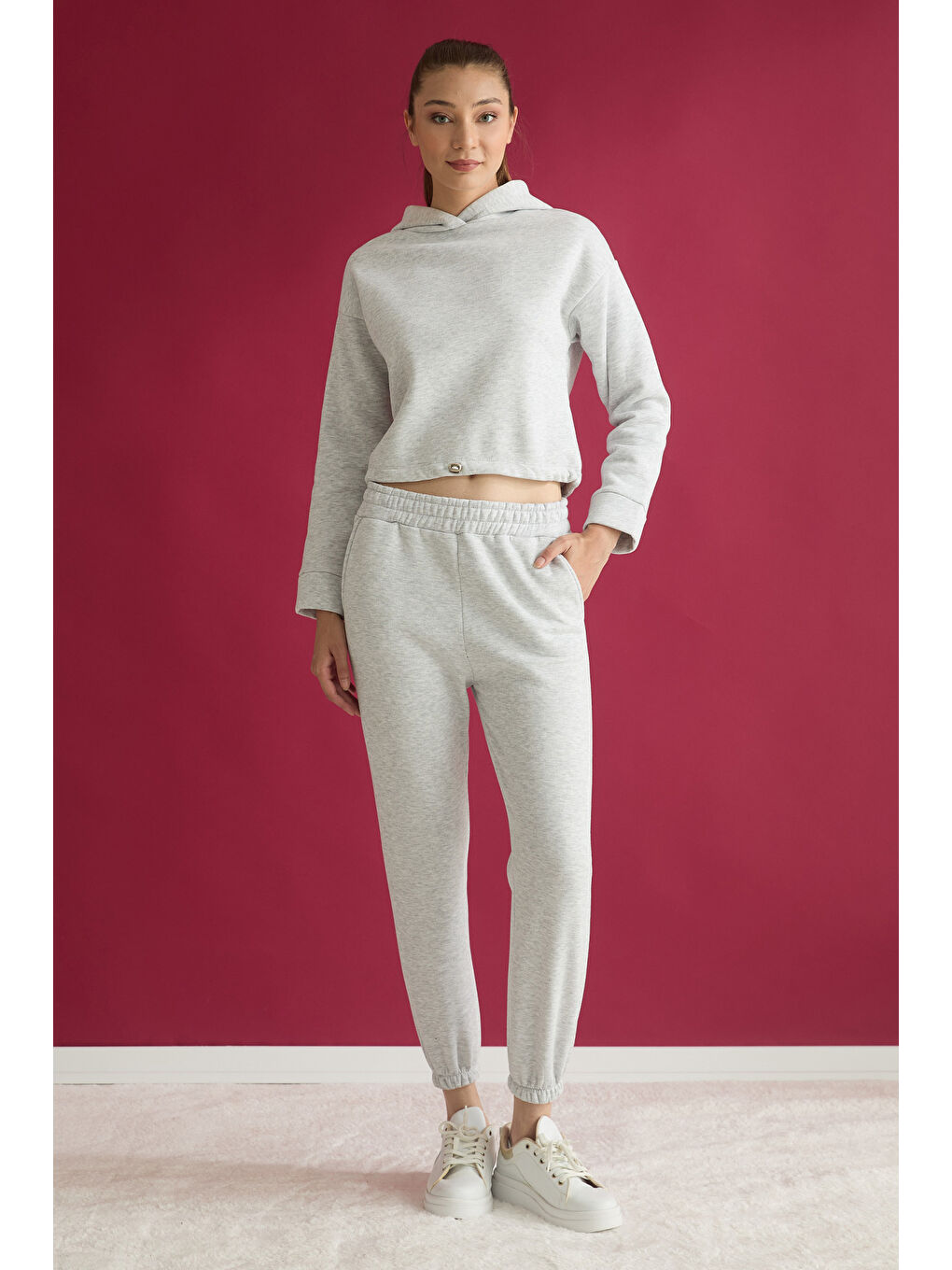 Gri 3 İplik Basic Beli Stoperli Kapüşonlu Jogger Takım-1