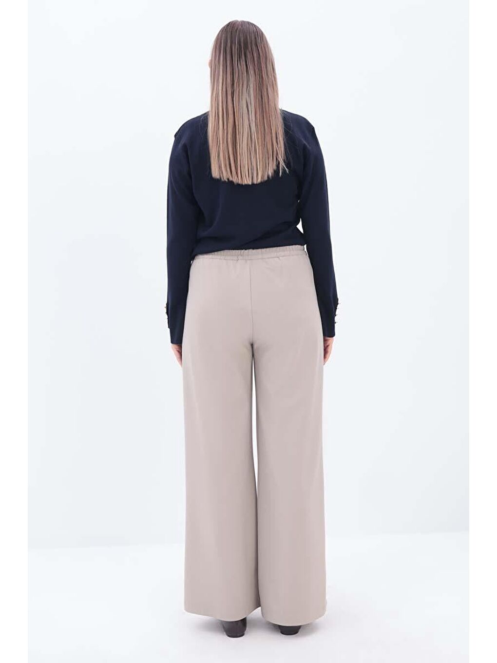 Bej-Beli Lastikli Kordonlu Pantolon-3