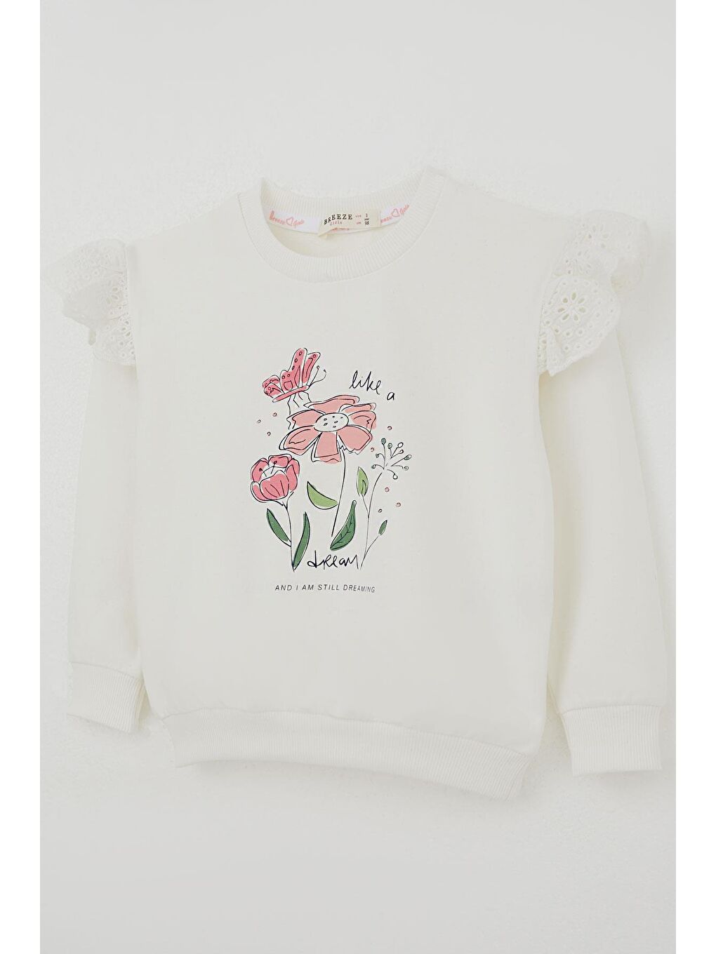 Kız Çocuk Sweatshirt Omuzları Çiçek Nakış Detaylı Çiçek Baskılı Ekru (2-6 Yaş)-2