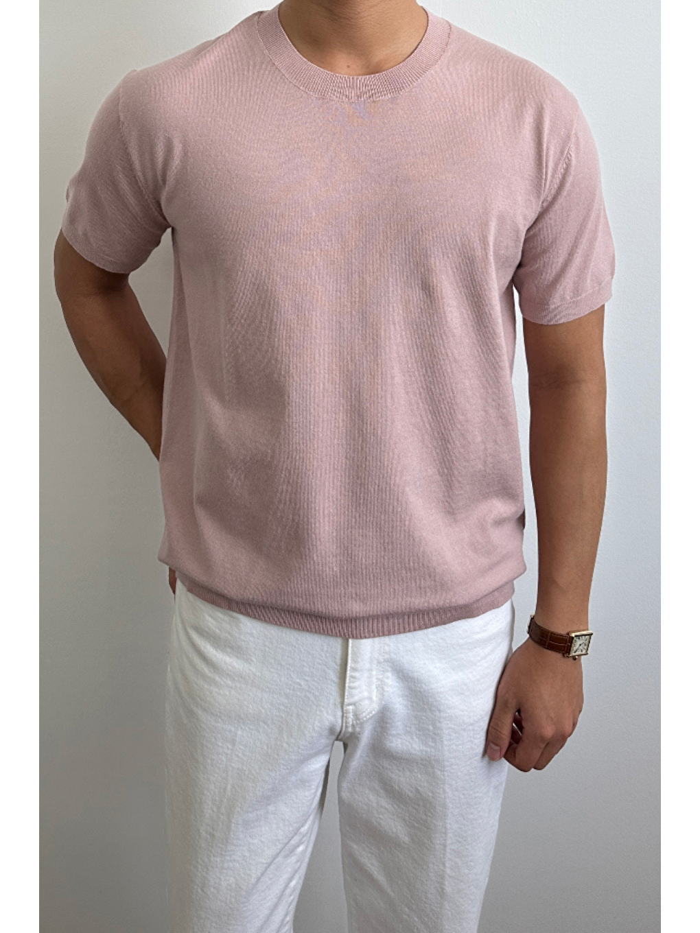 Erkek Pembe Slim Fit Bisiklet Yaka Triko T-Shirt-1