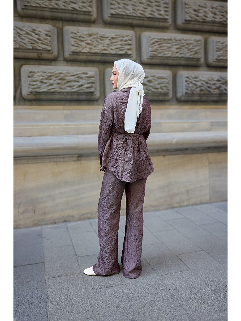 Kadın Kırışık Kumaş Takım Bordo-4