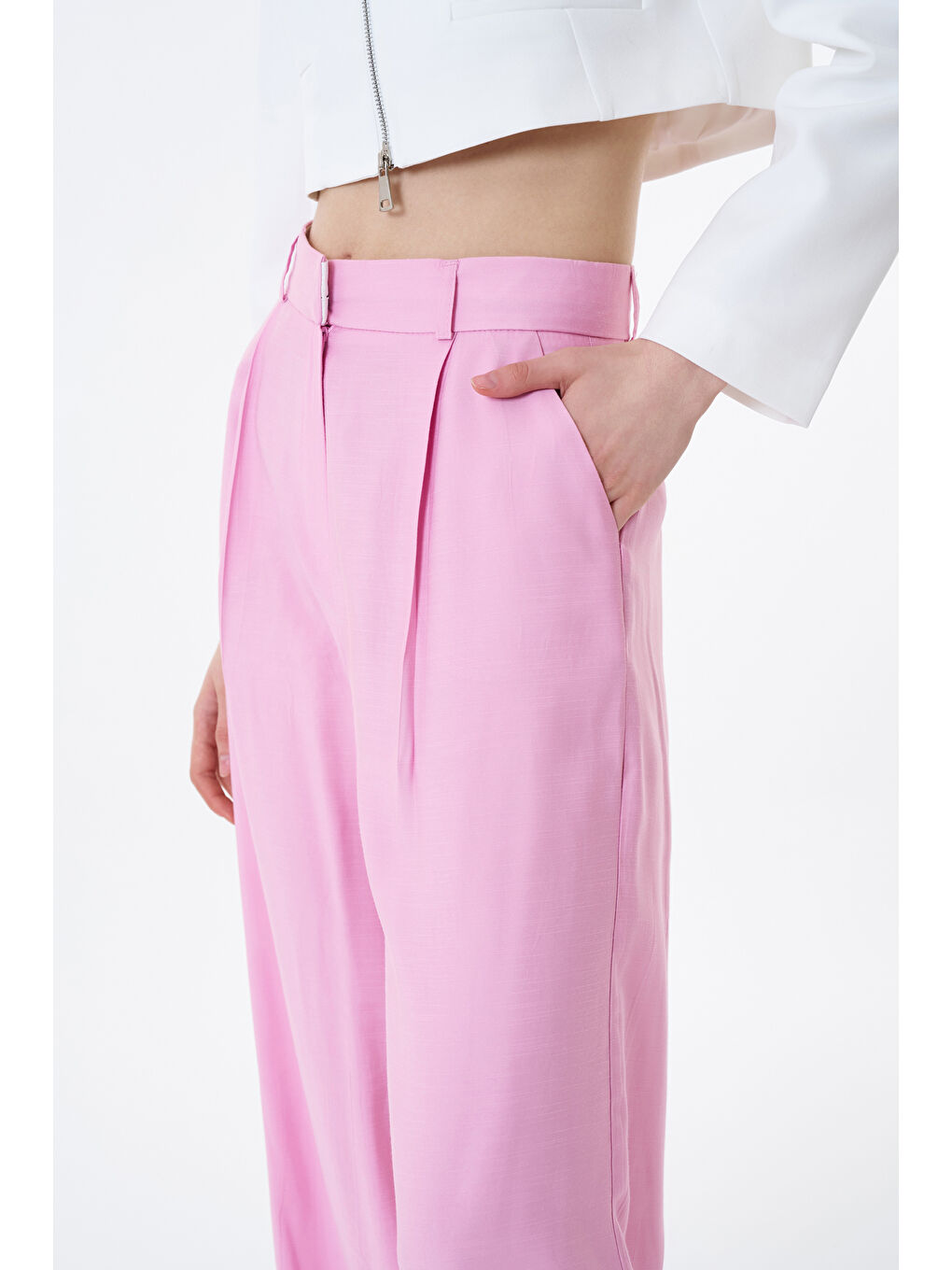 QUZU Yüksel Bel Bol Paça Pantolon Pembe - 3
