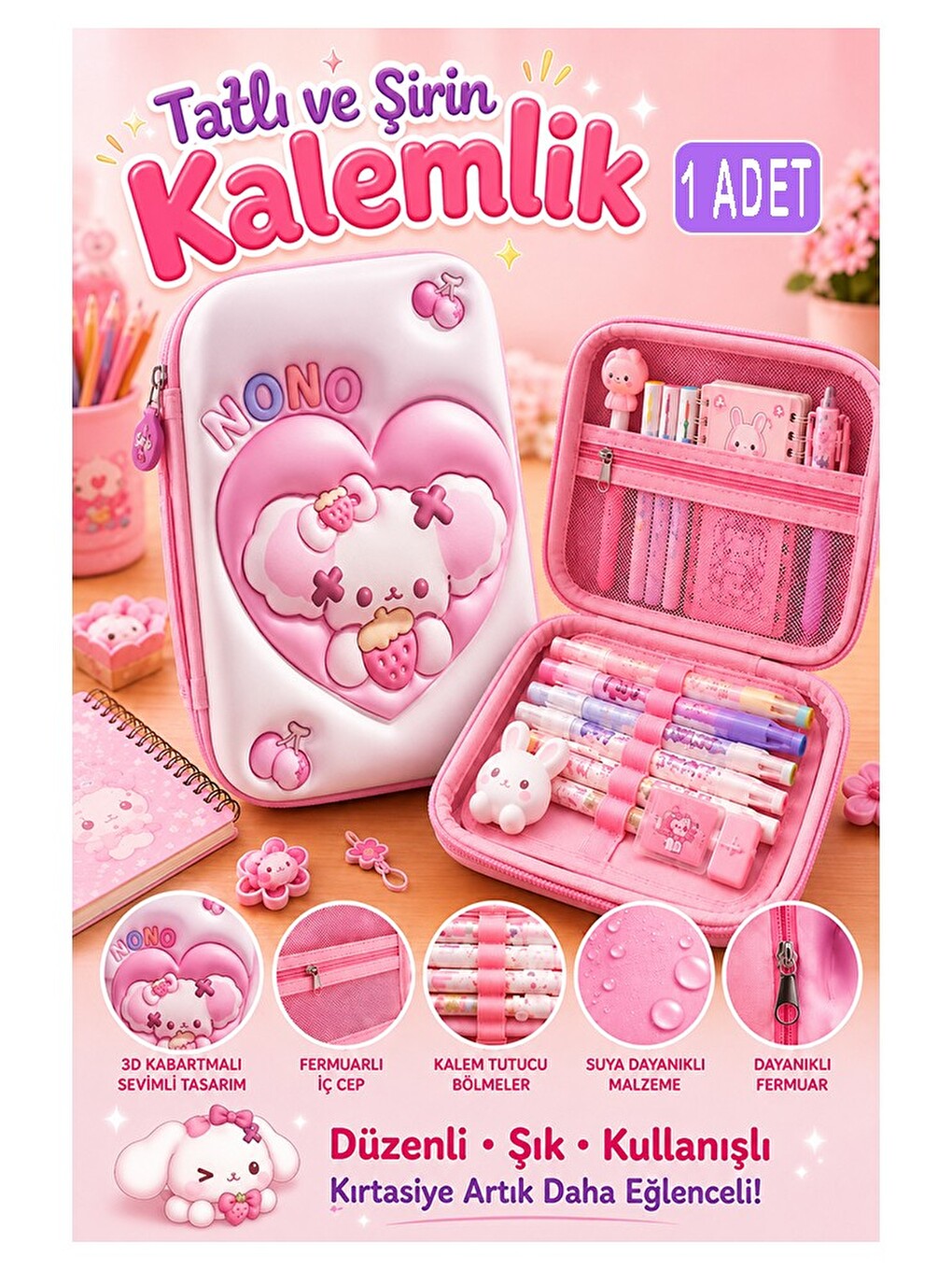 Pembe Kabartmalı Bölmeli Kalemlik 1 Adet P-5984 Kız Çocuk Okul Kalem Kutusu 3 Boyutlu Fermuarlı Hedi