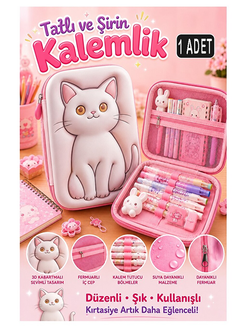 Pembe Kabartmalı Bölmeli Kalemlik 1 Adet P-5984 Kız Çocuk Okul Kalem Kutusu 3 Boyutlu Fermuarlı Hedi