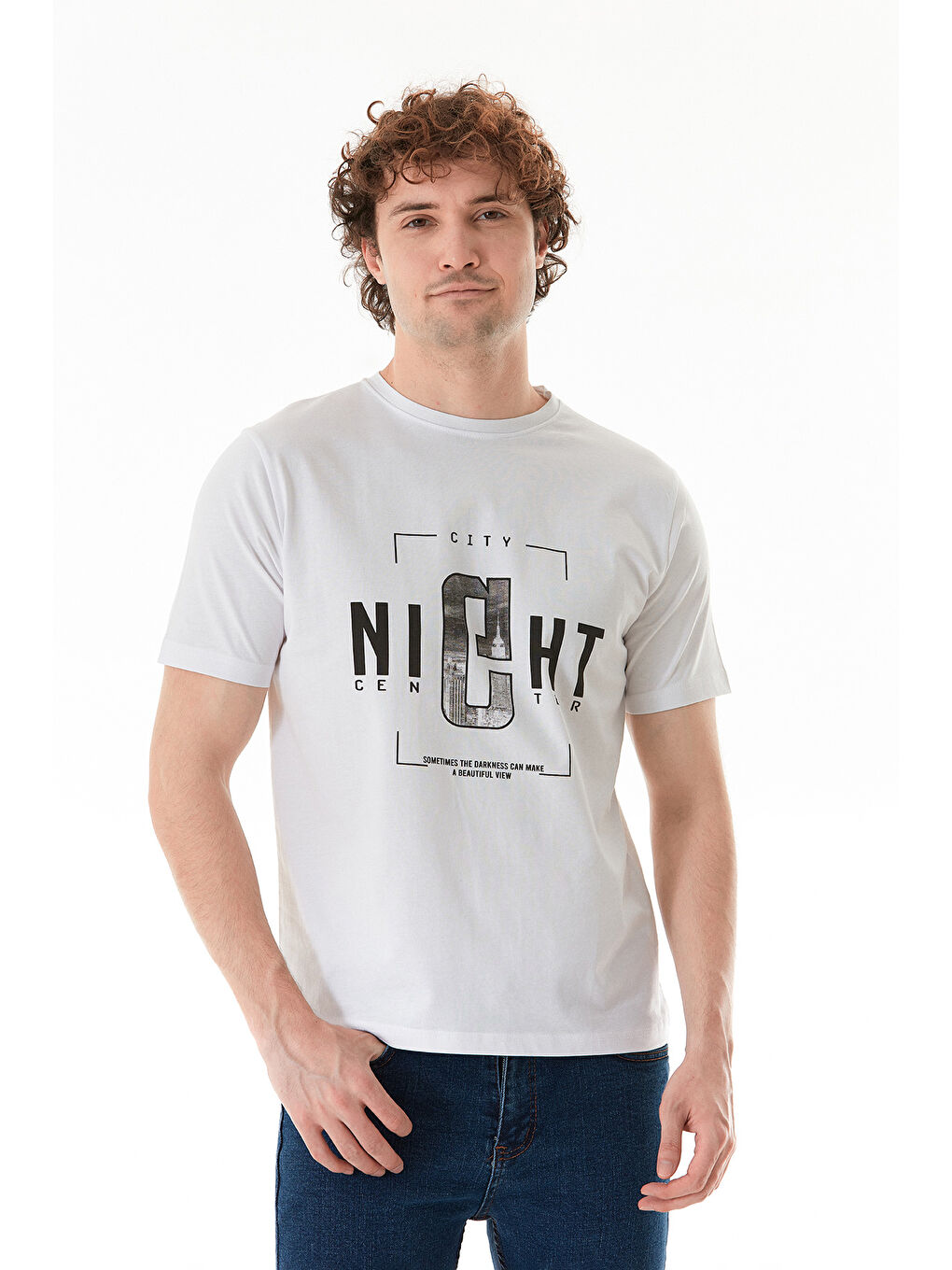 Beyaz Night Yazı Baskılı Bisiklet Yaka %100 Pamuk Tişört