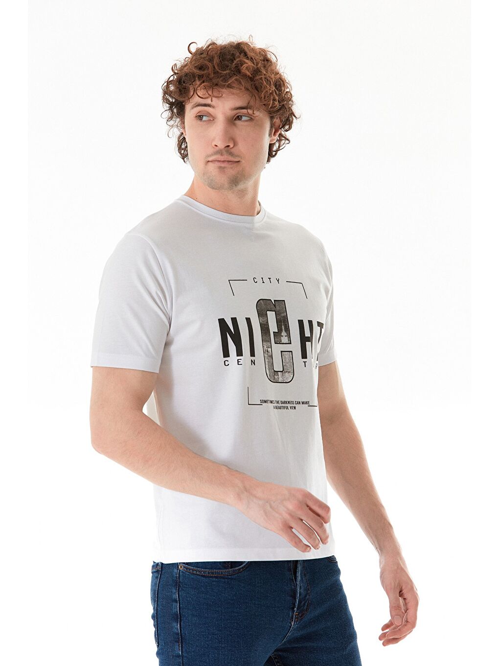 Beyaz Night Yazı Baskılı Bisiklet Yaka %100 Pamuk Tişört-2