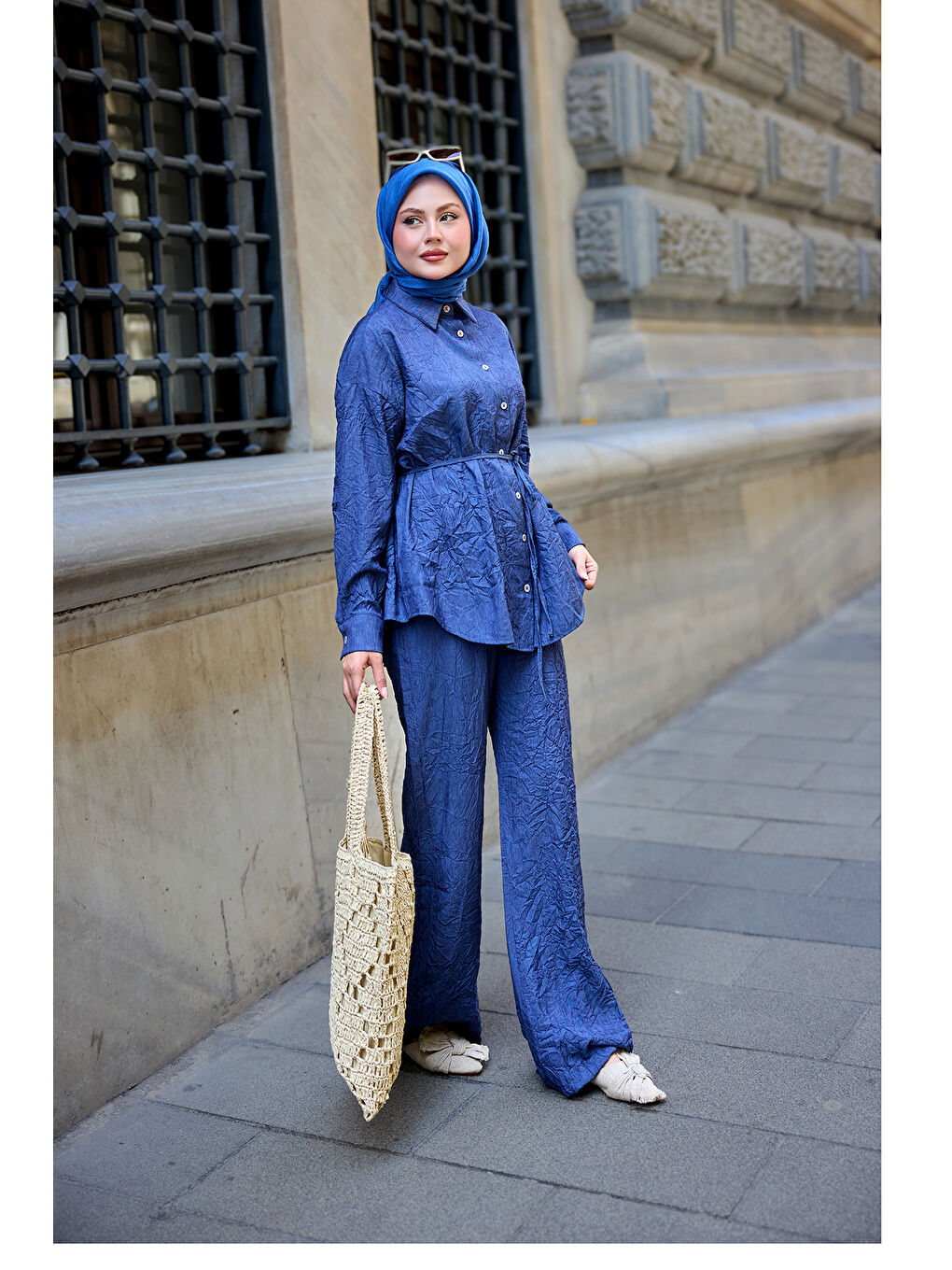 Kadın Kırışık Kumaş Takım Lacivert-2