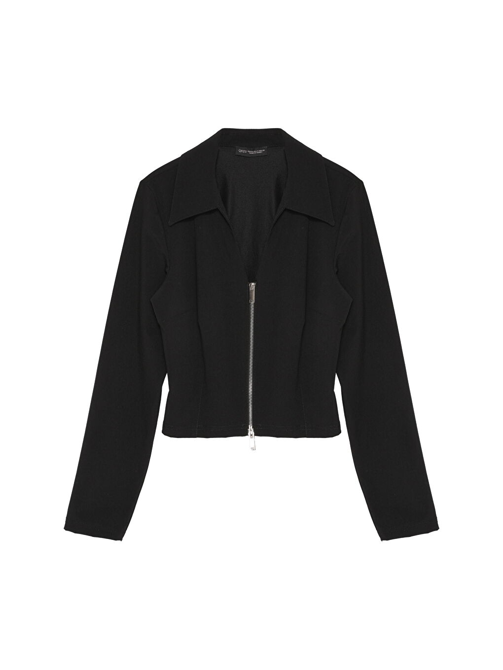 Fermuarlı V Yaka Dekolteli Bluz Siyah