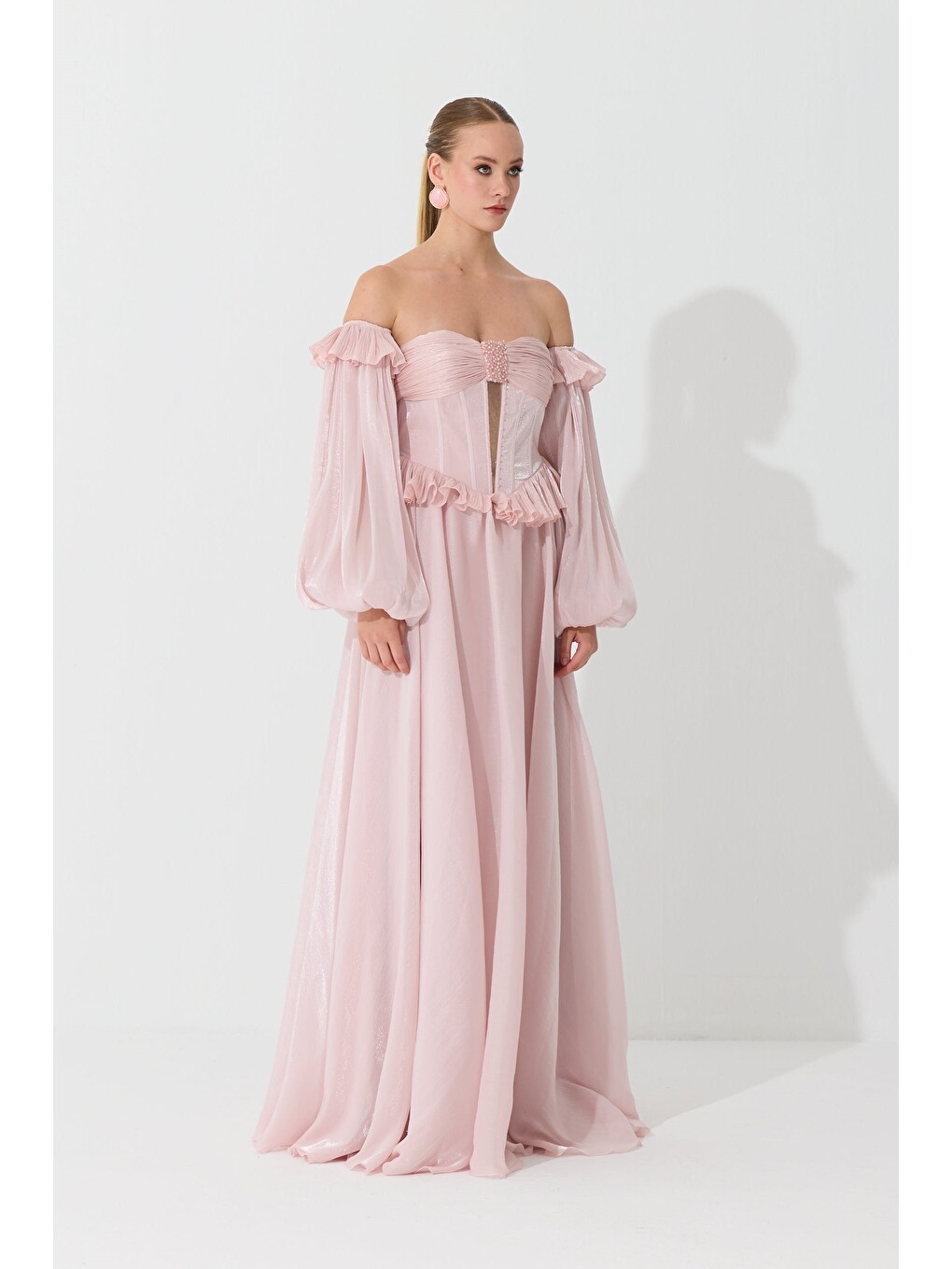 Pembe Pudra Straplez Taş Detaylı Organze Abiye Elbise-1