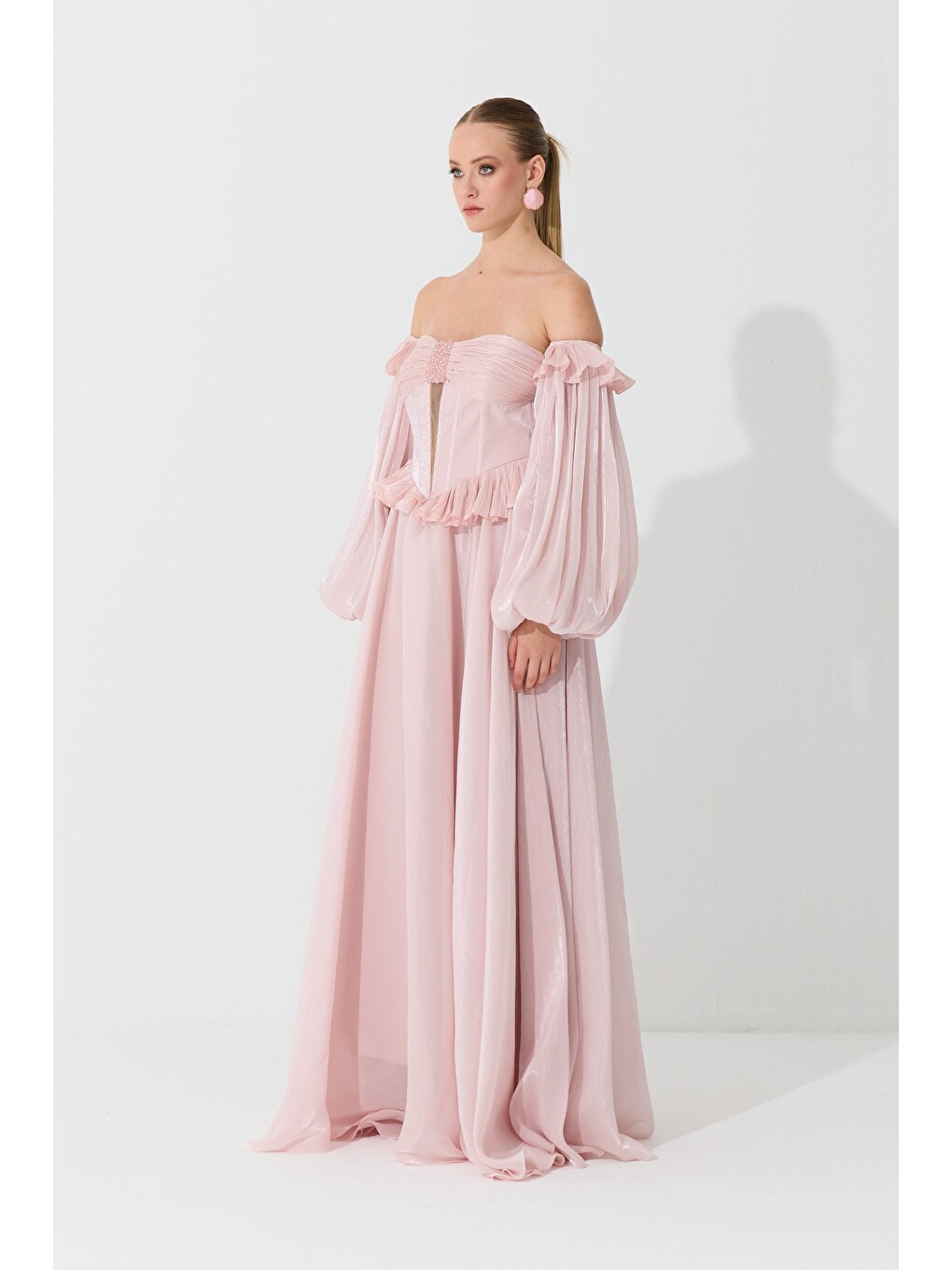 Pembe Pudra Straplez Taş Detaylı Organze Abiye Elbise-2