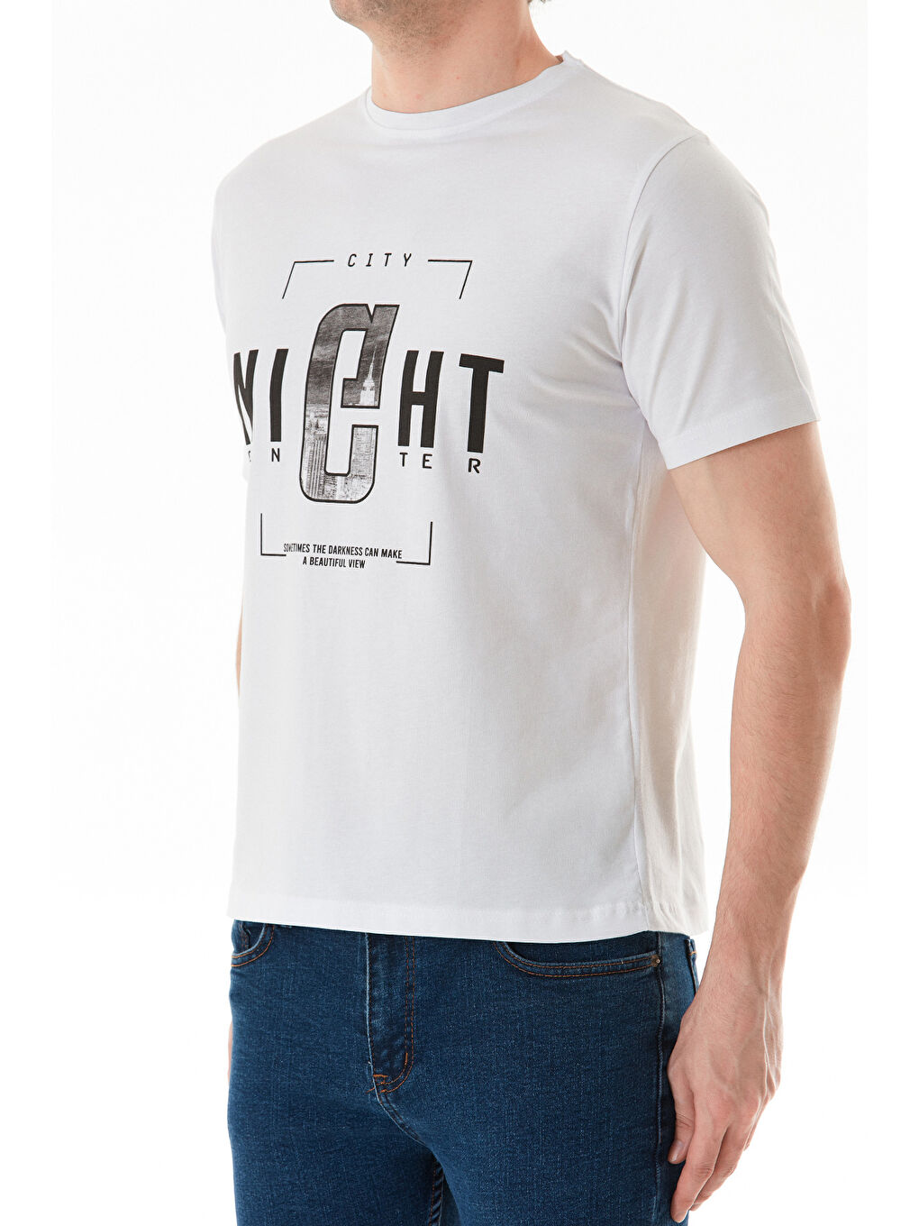 Beyaz Night Yazı Baskılı Bisiklet Yaka %100 Pamuk Tişört-4