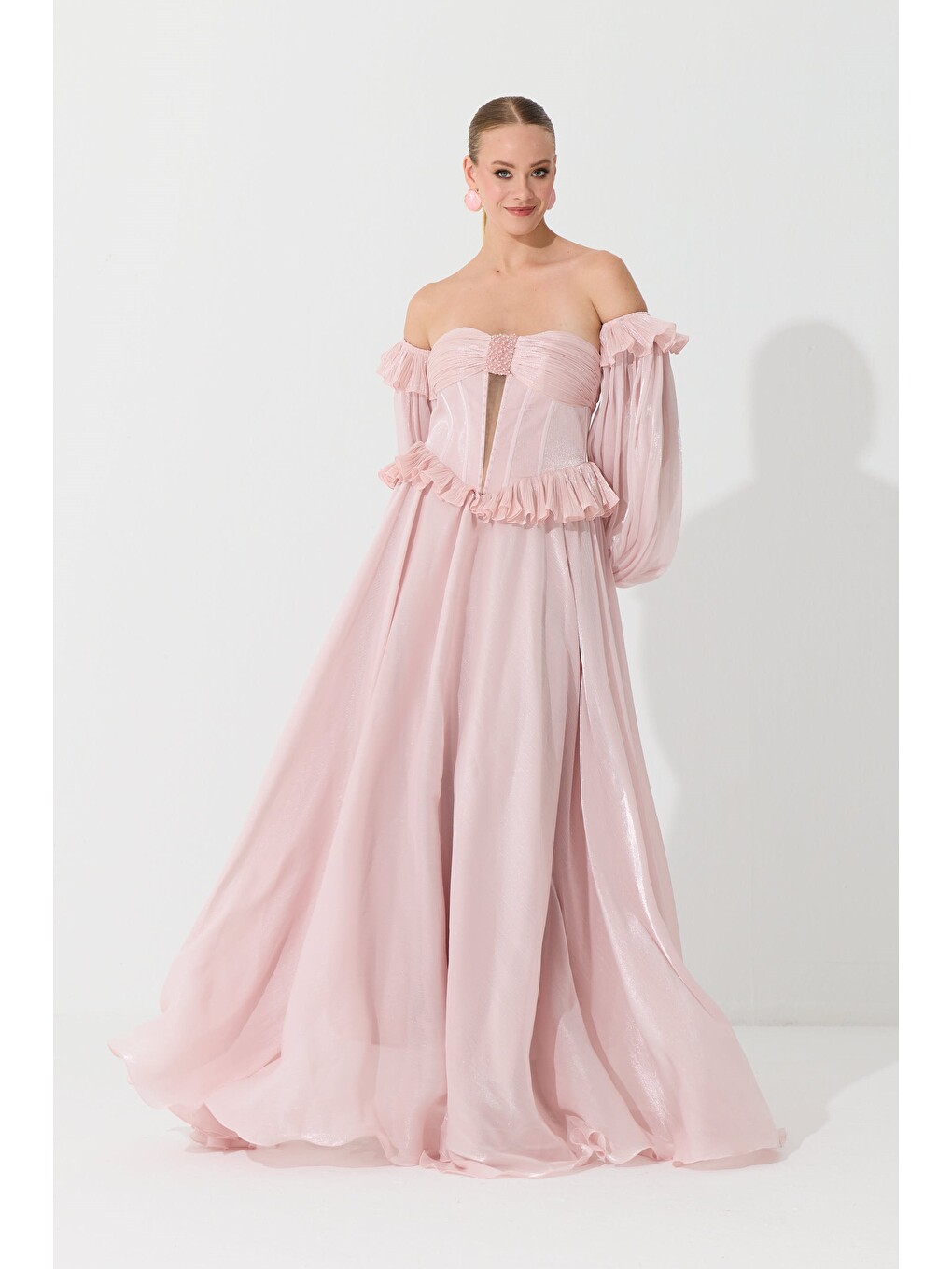 Pembe Pudra Straplez Taş Detaylı Organze Abiye Elbise-3