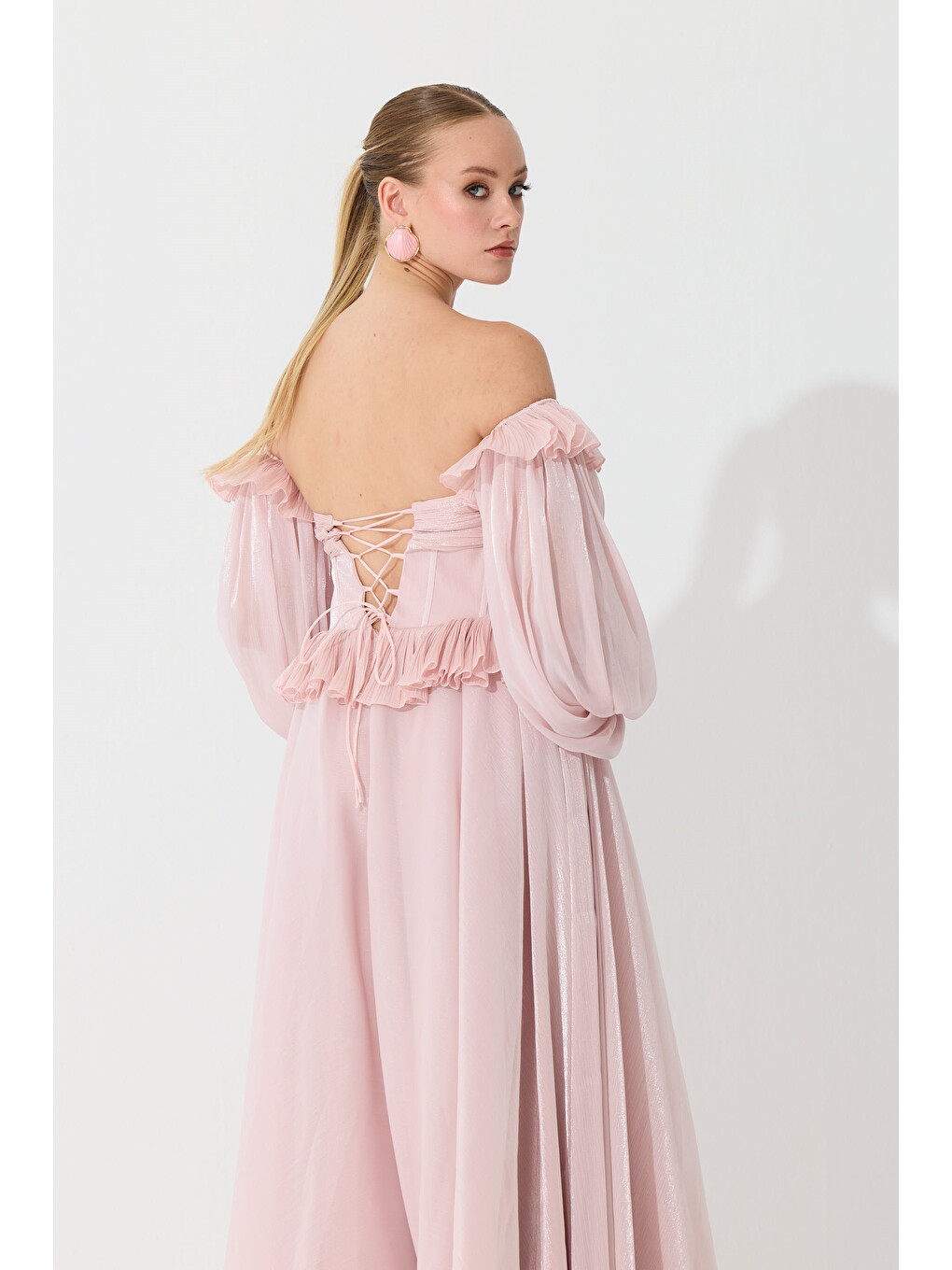 Pembe Pudra Straplez Taş Detaylı Organze Abiye Elbise-5