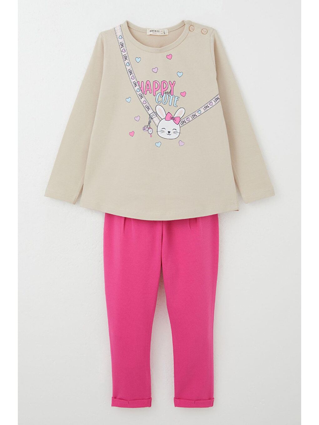 Kız Bebek Taytlı Takım Mutlu Tavşancık Baskılı Kalpli Bej (9 Ay-3 Yaş)