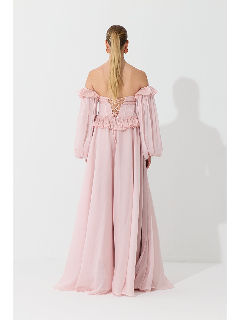 Pembe Pudra Straplez Taş Detaylı Organze Abiye Elbise-6
