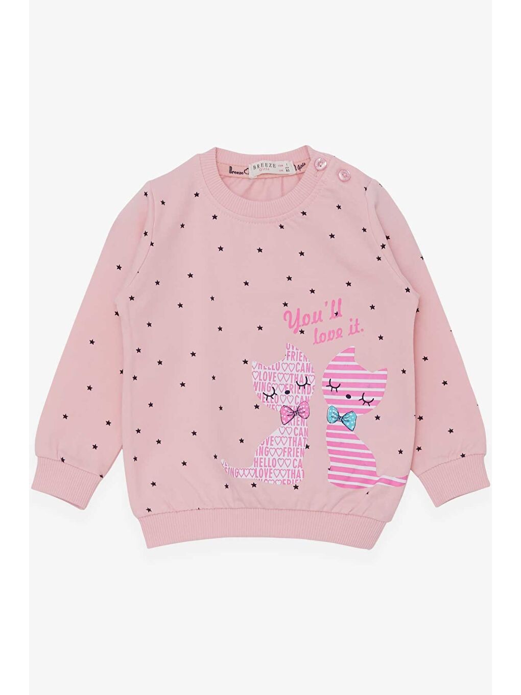Pembe Kız Bebek Sweatshirt Mutlu Kedicikler Pudra (4 Ay)-1