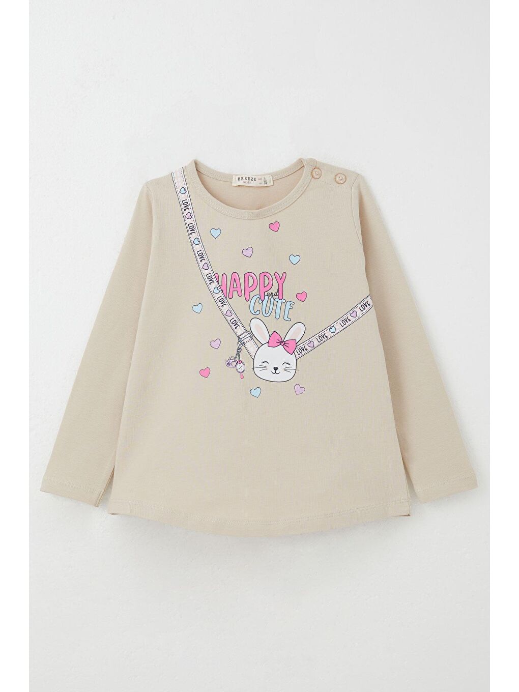 Kız Bebek Taytlı Takım Mutlu Tavşancık Baskılı Kalpli Bej (9 Ay-3 Yaş)-1