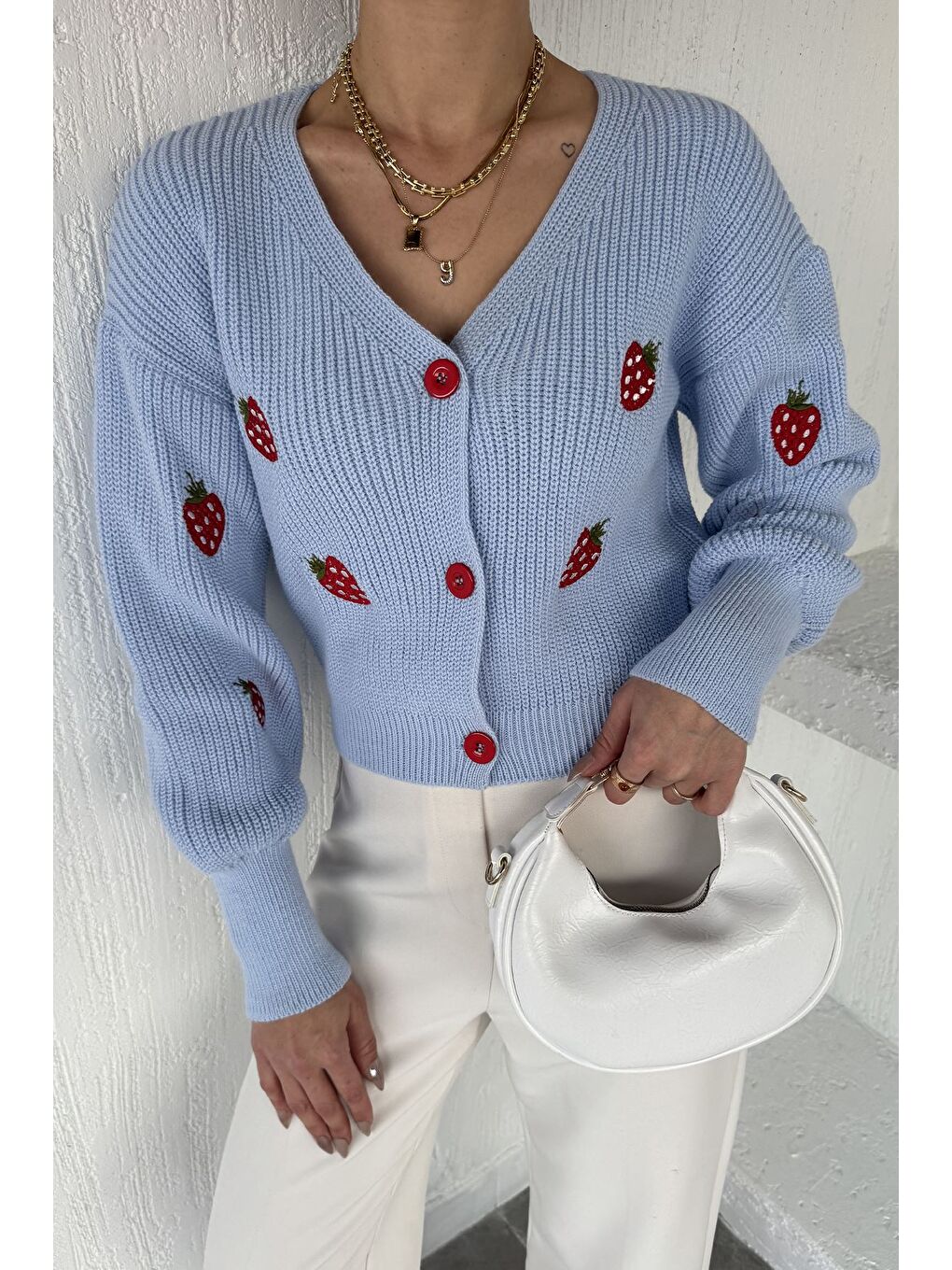 Mavi Çilek Desenli Triko Hırka