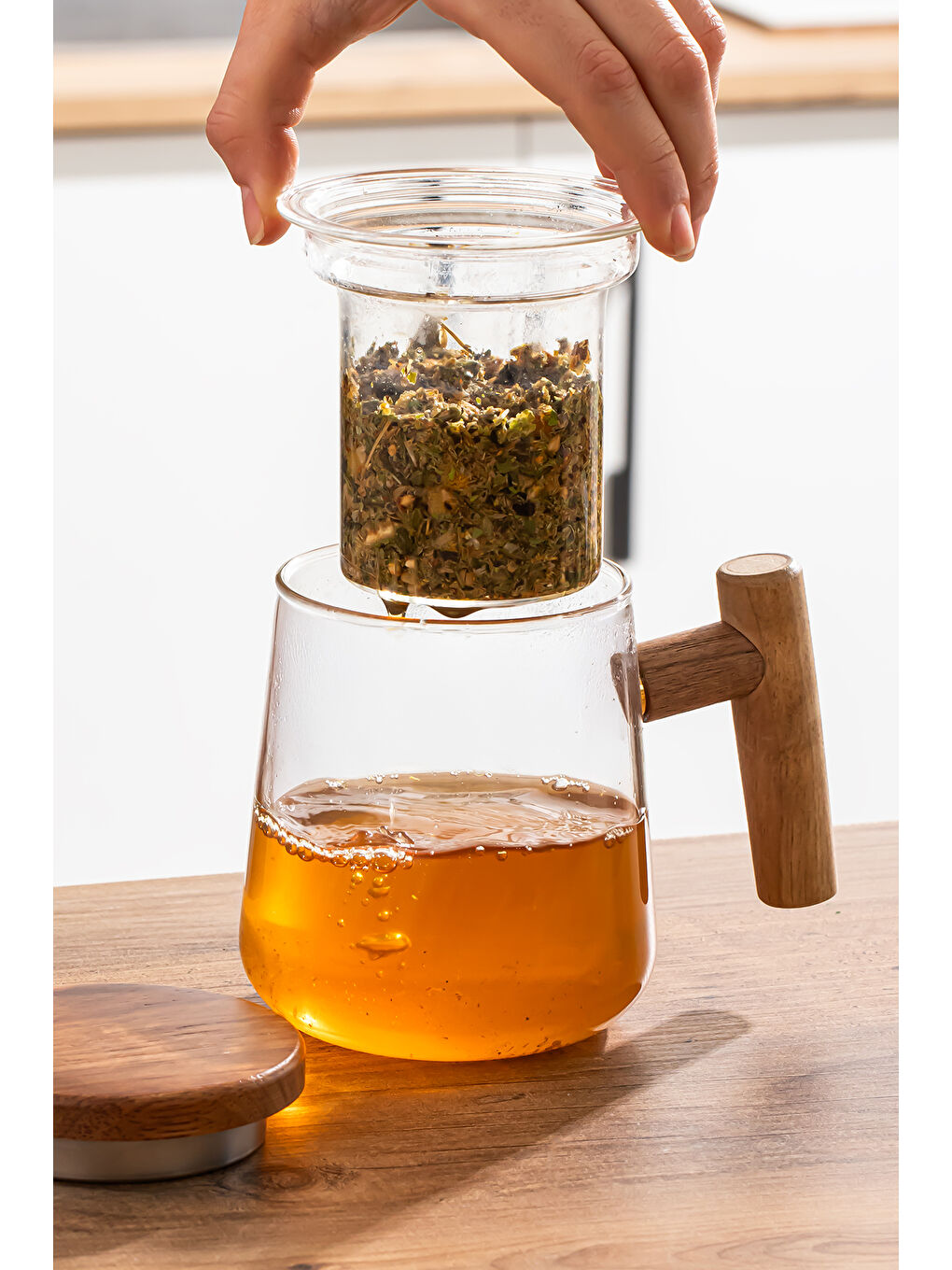 Renksiz 17564 Herby Borosilikat Cam Süzgeçli Kupa Bitki Çayı Demliği 500 ml-1