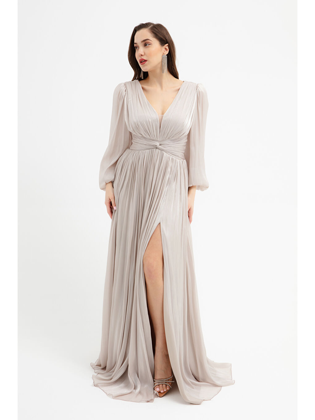 Kadın Ekru V Yaka Yırtmaçlı Uzun Abiye Elbise-1