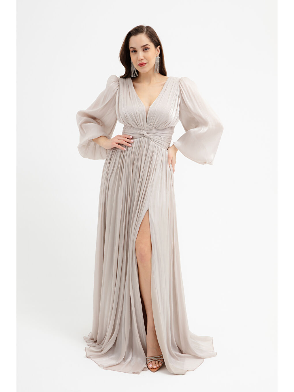 Kadın Ekru V Yaka Yırtmaçlı Uzun Abiye Elbise-3