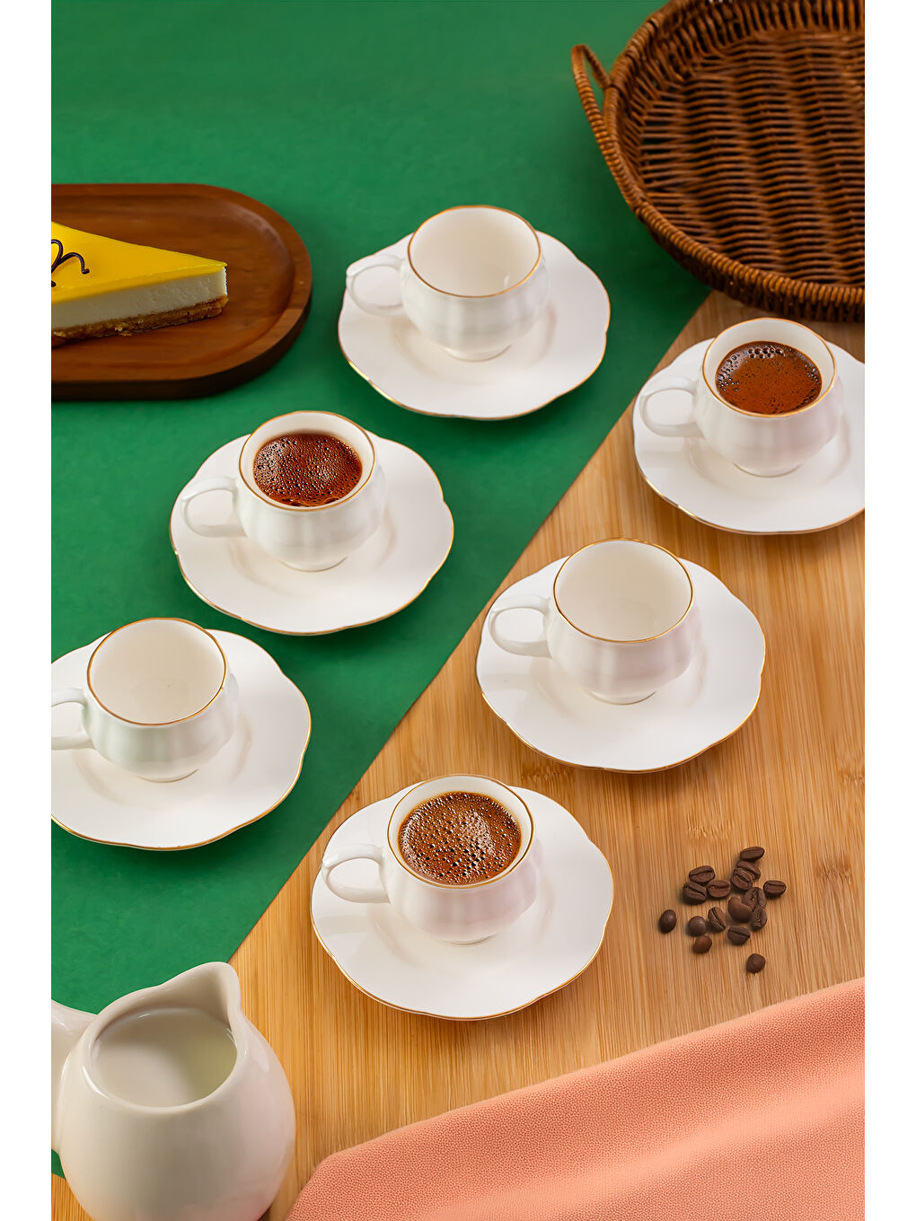 Beyaz 4312 Emery 12 Parça 6 Kişilik Altın Yaldızlı Porselen Türk Kahve Fincan Takımı 90 ml