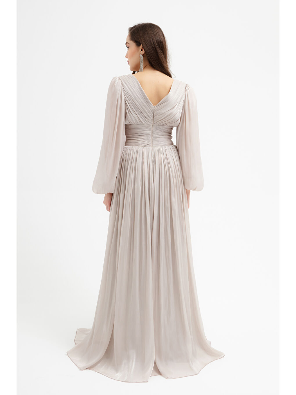 Kadın Ekru V Yaka Yırtmaçlı Uzun Abiye Elbise-4