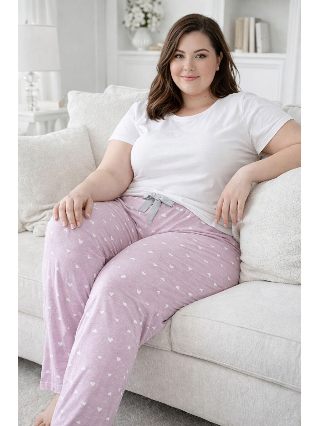 Pembe Büyük Beden Kadın Kalp Desen Viskon Kumaş Penye Battal Tek Pijama Alt 02 Gül Kurusu