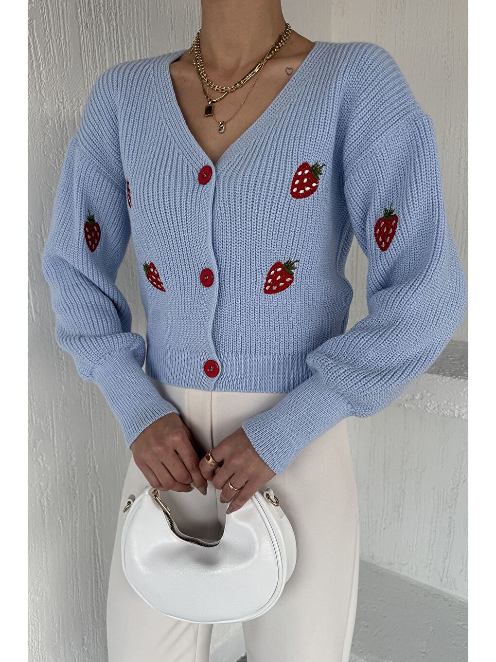 Mavi Çilek Desenli Triko Hırka-1