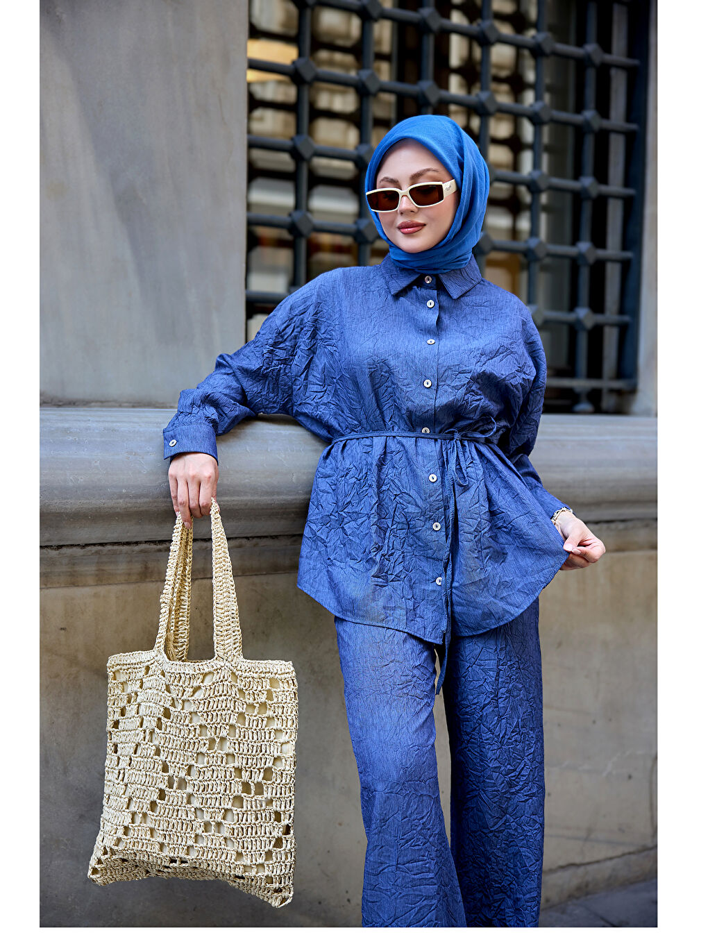 Kadın Kırışık Kumaş Takım Lacivert-3