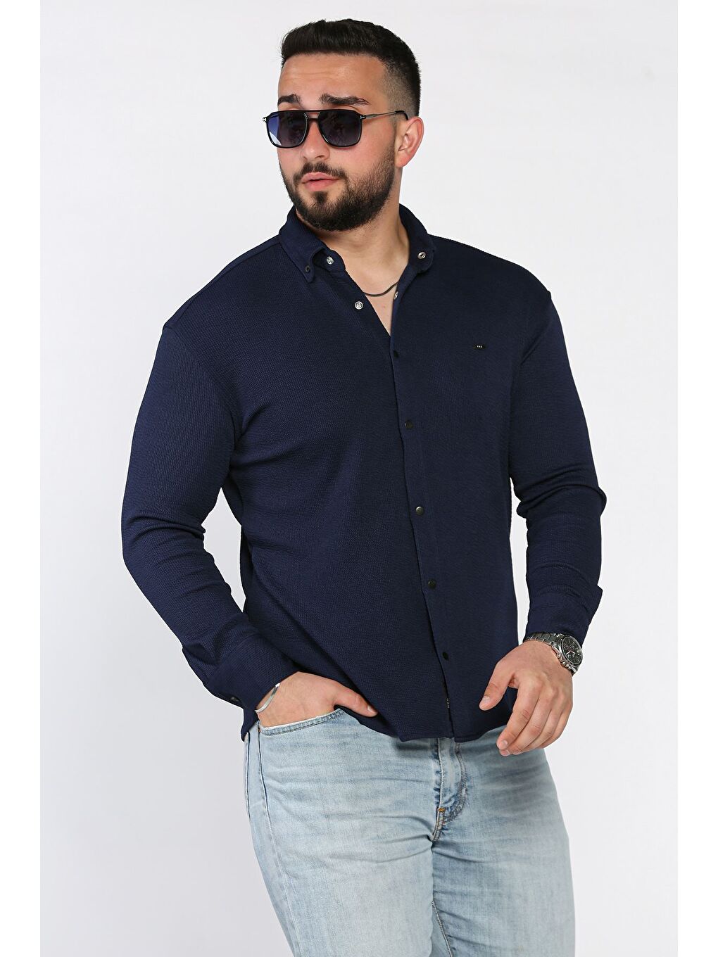 Lacivert Erkek Uzun Kol Elastanlı Gömlek-1