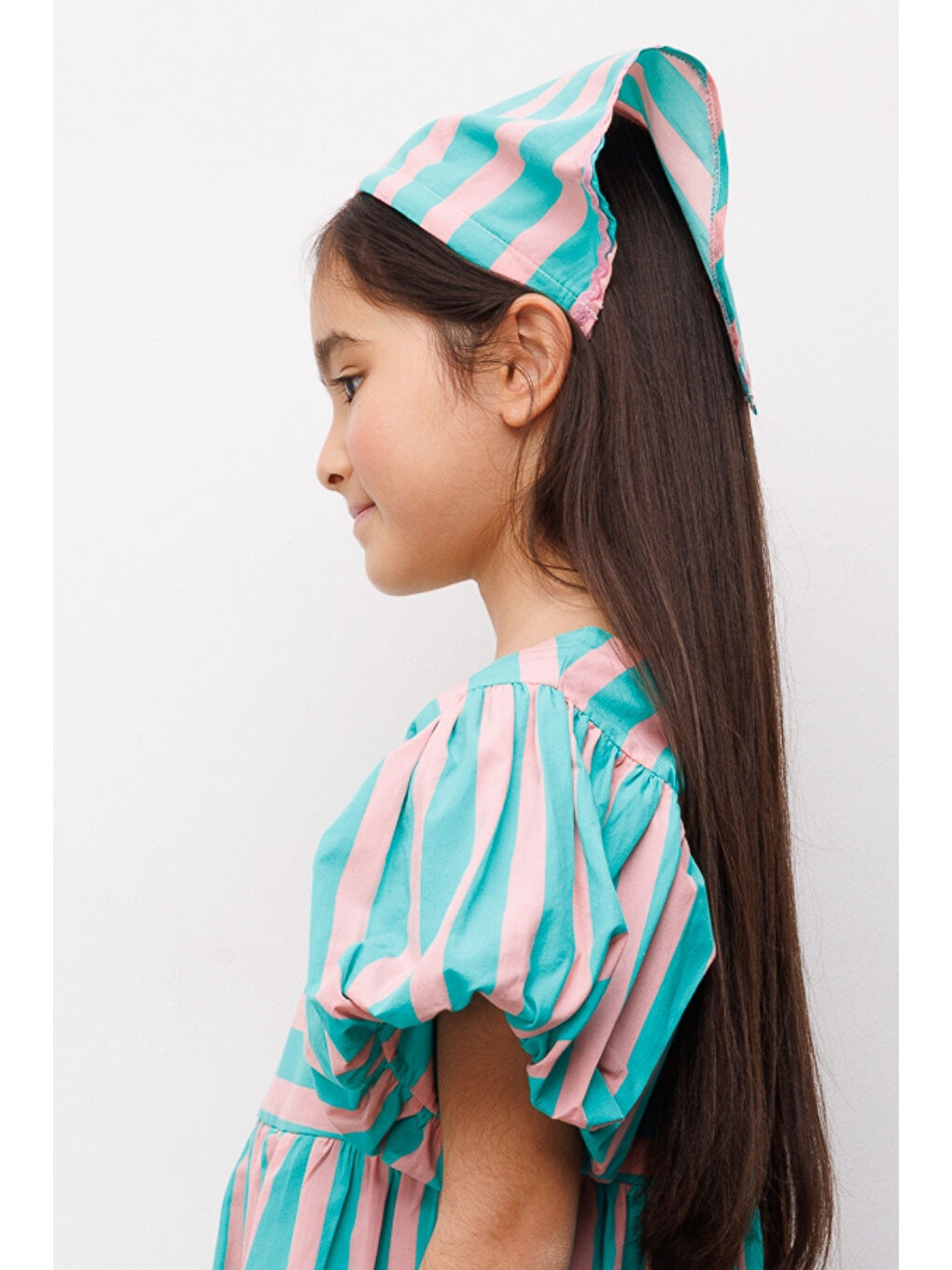 Yeşil Mint Çizgi Desenli Kız Çocuk Üçgen Fular Bandana Taç-1