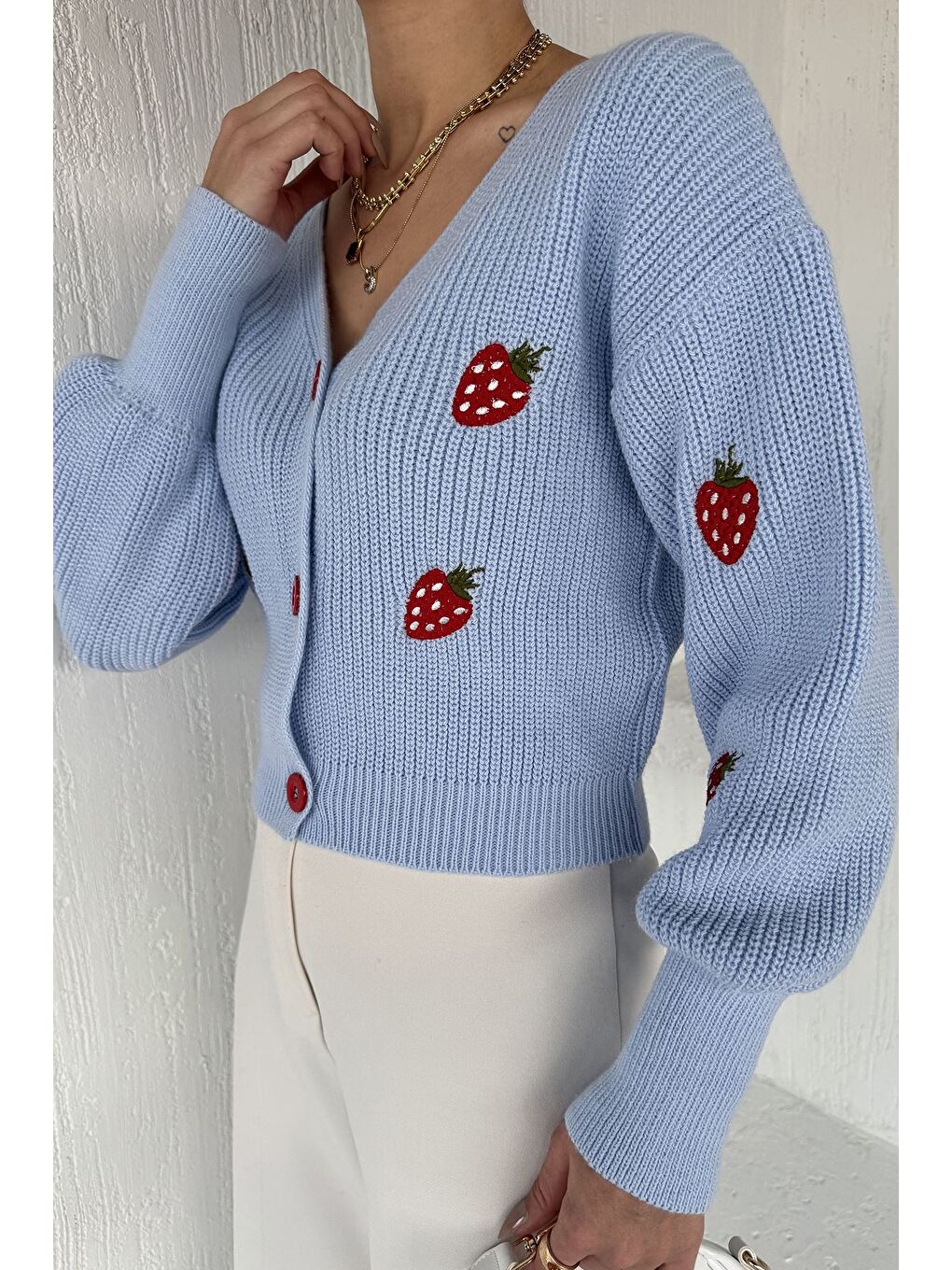 Mavi Çilek Desenli Triko Hırka-2