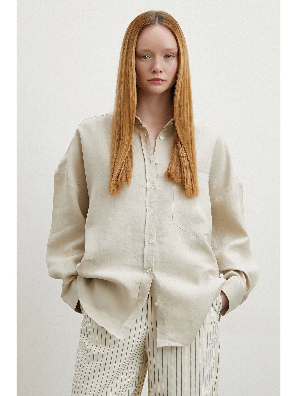 Bej Robalı Cepli Keten Gömlek Taş-2