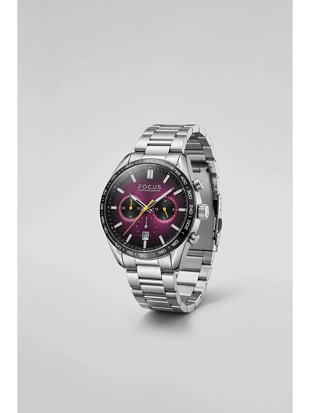 Erkek Çelik Kordon Tachymeter Analog Kol Saati Gümüş / Bordo