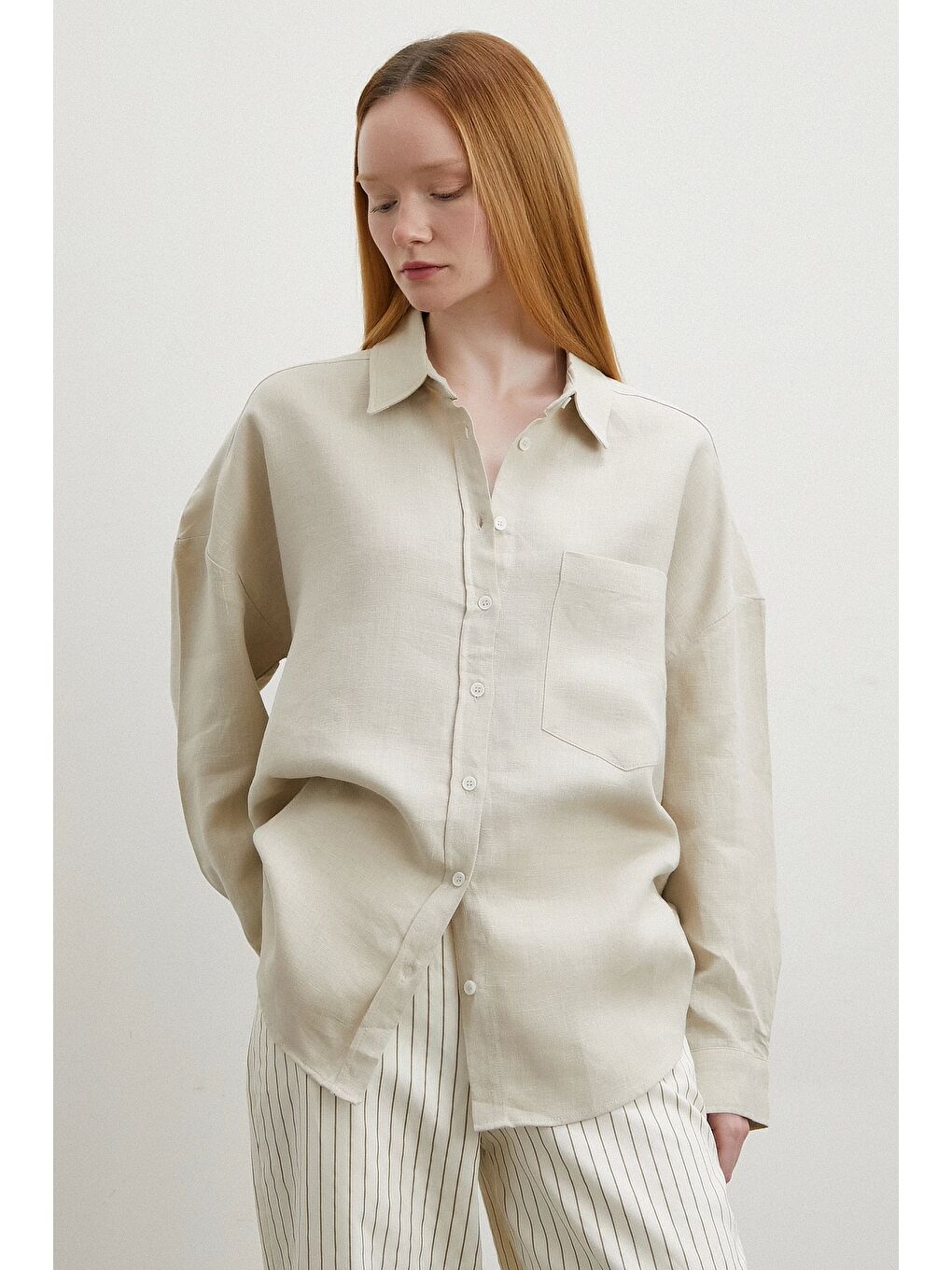 Bej Robalı Cepli Keten Gömlek Taş-3