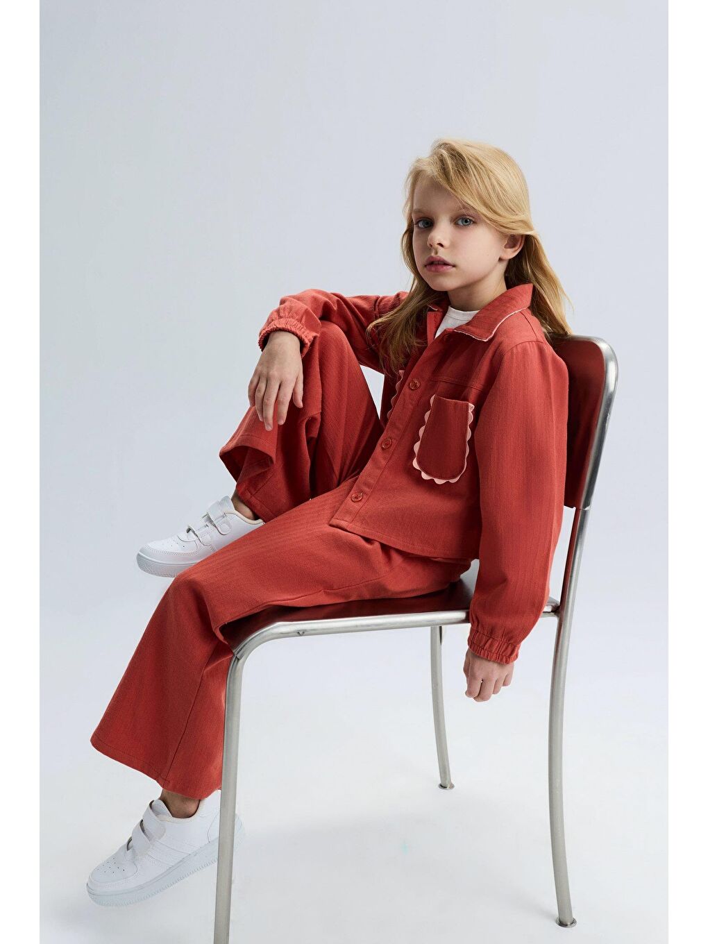 Beyaz Kız Çocuk Pamuklu Kiremit Rengi Ceketli Pantolon Ve T-Shirt Takım-5