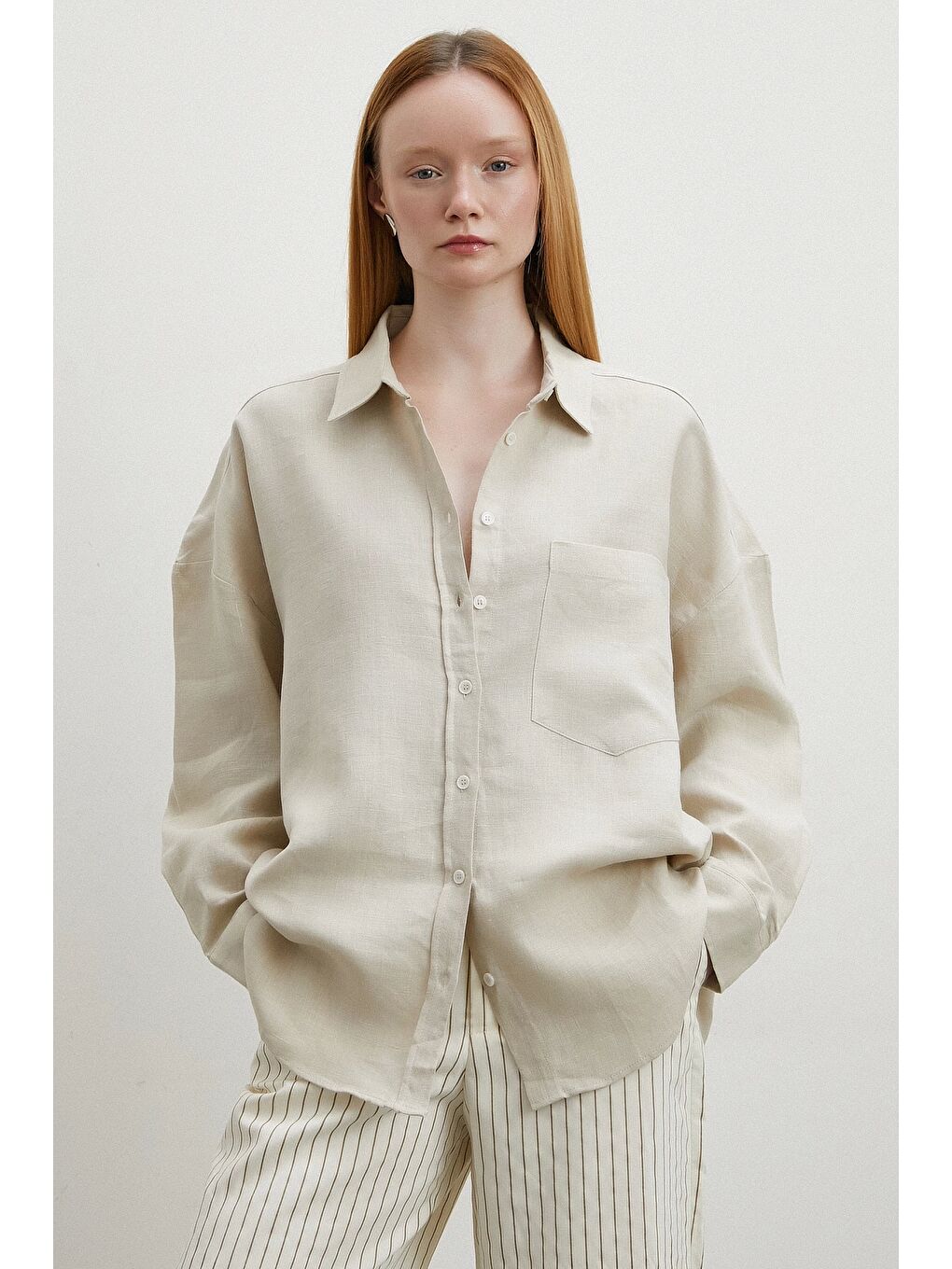 Bej Robalı Cepli Keten Gömlek Taş-4