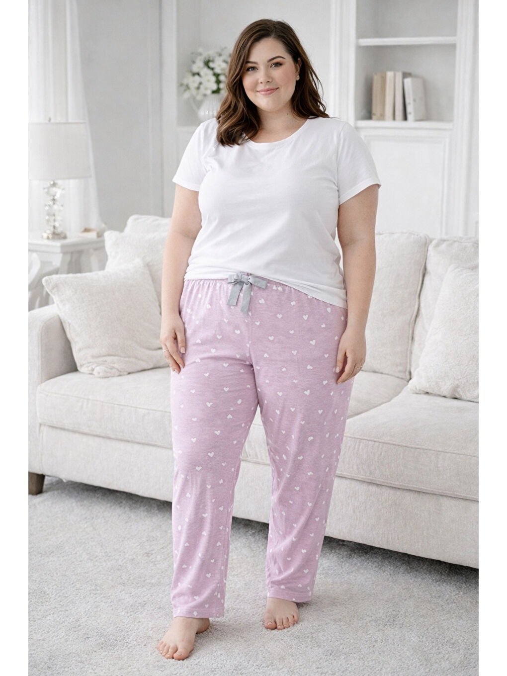 Pembe Büyük Beden Kadın Kalp Desen Viskon Kumaş Penye Battal Tek Pijama Alt 02 Gül Kurusu-1