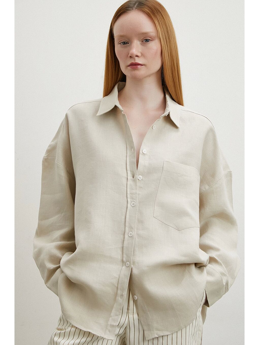 Bej Robalı Cepli Keten Gömlek Taş-5